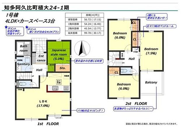 【4LDK】対面式キッチン仕様の約１７帖リビング♪
各居室に収納スペースが充実♪
リビングの隣は畳の温かみを感じる和室です☆
お車並列３台駐車可能☆