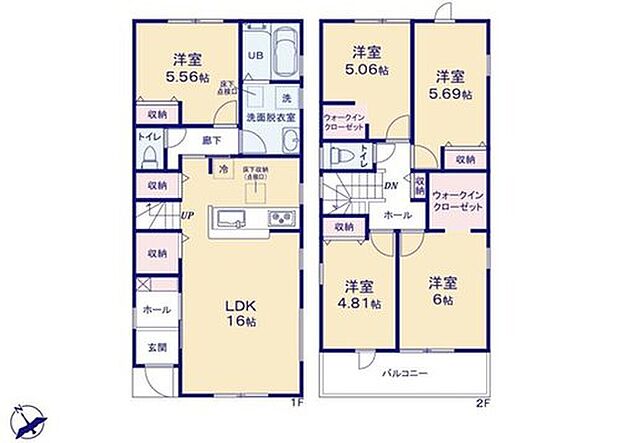 【5LDK】対面式キッチン仕様の開放的な16帖のリビング♪
大きな荷物も収納可能なウォークインクローゼット付き♪
リビングには大型の収納スペース付き♪
2部屋から出入りできて便利な南向きのバルコニー♪