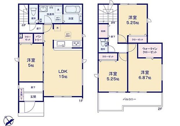 【4LDK】対面式キッチン仕様の開放的な１５帖のリビング♪
リビングや居室がスッキリ片付く、パントリー・廊下収納付き♪
大きな荷物も収納可能なウォークインクローゼット♪
日当たり良好な南向きのワイドバルコニー♪