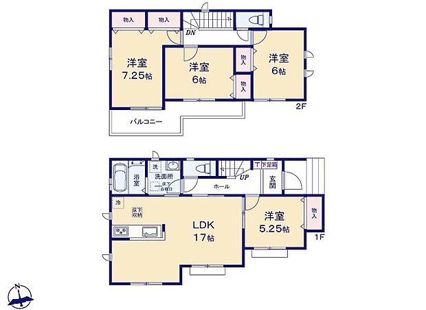 【4LDK】対面式キッチン仕様の開放的な17帖の明るいリビング♪
全4部屋あり、お子様一人一人にお部屋を与えられます☆
各居室に収納スペースが充実♪
日当たり良好な2部屋続きの南向きワイドバルコニー♪