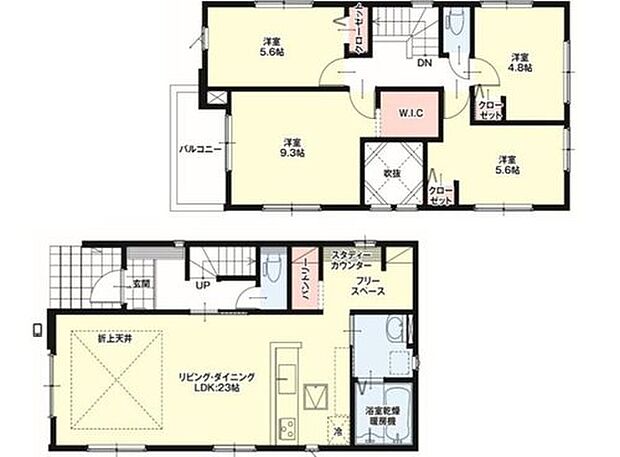 【4LDK】折上天井仕様の広々とした23帖の明るいリビング♪
リビングには、多目的に使えるスタディカウンター付き♪
パントリーやウォークインクローゼット付きで収納便利♪
日当たり良好なバルコニー♪