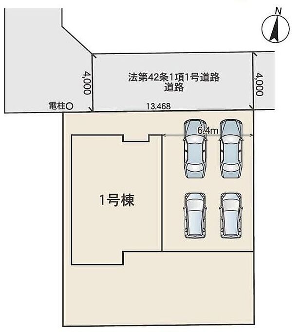 【全体区画図】カースペースは車種により４台分駐車可能！広々とした南庭付き♪周辺道路は車通りが少ないため、駐車の際にも慌てることがなく安心です。