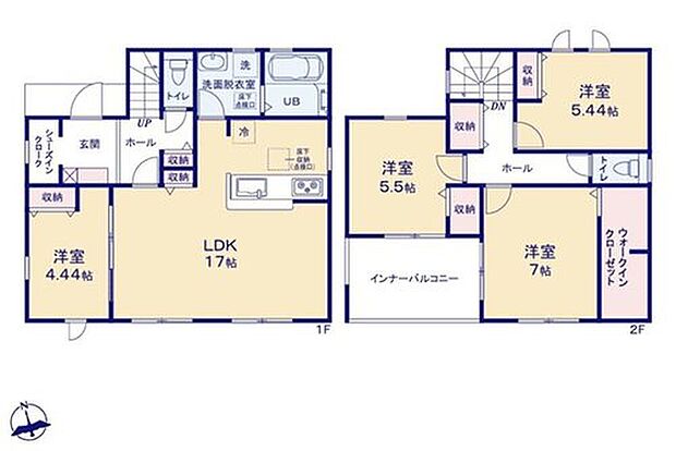 【4LDK】対面式キッチン仕様の開放的な17帖のリビング♪
ウォークインクローゼット&シューズインクローク付き♪
廊下やリビングに収納スペースが充実♪
2部屋から出入りできて便利な南向きのインナーバルコニー♪