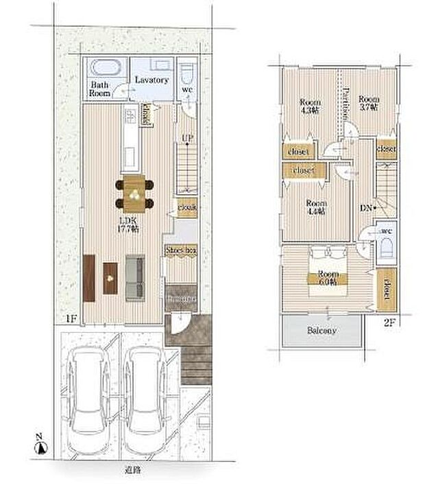 【3LDK】対面式キッチン仕様の広々１７．７帖の明るいリビング♪
各居室やリビングに収納スペースが充実♪
２階３部屋あり、プライベート空間が充実♪
日当たり良好な南向きのバルコニー♪