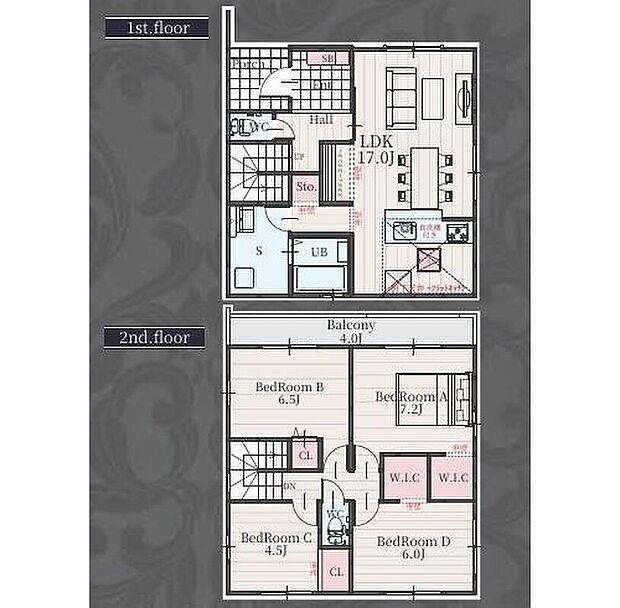 【4LDK】キッチン上部折下天井仕様の広々17帖のリビング♪
大きな荷物も収納可能なウォークインクローゼット付き♪
2階4部屋あり、プライベート空間が充実♪
2部屋利用可能なワイドバルコニー♪