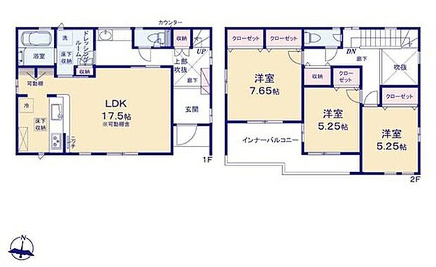 【3LDK】折上天井仕様の広々17.5帖の明るいリビング♪
パントリーとしても使えて便利な4段の可動棚付き♪
廊下や各居室に収納スペースが充実♪
日当たり良好な南向きのインナーバルコニー♪