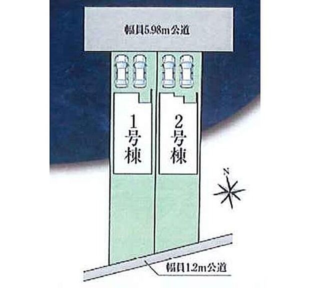 【全体区画図】小牧市第５小牧　全２棟
並列２台駐車可能♪大空間の南庭付き☆
１号棟　３，８８０万円
２号棟　３，８８０万円