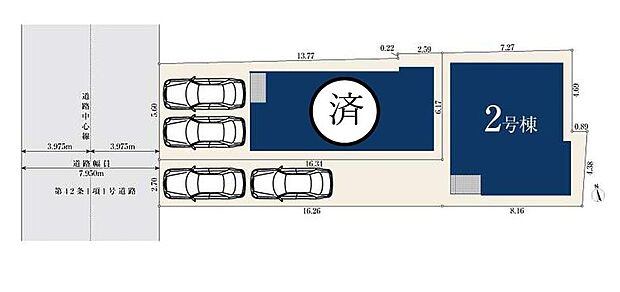 【全体区画図】名古屋市東区大松町　全２棟
ご好評につき残り１棟！お車２台駐車可能♪
１号棟　ご成約済み
２号棟　４，２８０万円