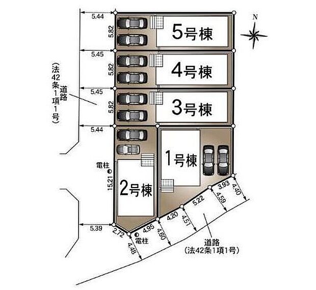 【全体区画図】北区東味鋺三丁目　全５棟
全棟並列２台駐車可能☆
１号棟　３，４９０万円
２号棟　３，３９０万円※並列２台駐車可能（車種による）
３号棟　３，１９０万円
４号棟　３，１９０万円
５号棟　３，２９０万円