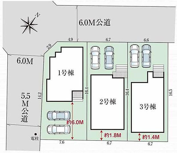 【全体区画図】尾張旭市大塚町３棟
並列２台駐車可能、お庭付き☆
１号棟　３６９９．５万円
２号棟　３５９９．５万円
３号棟　３４９９．５万円