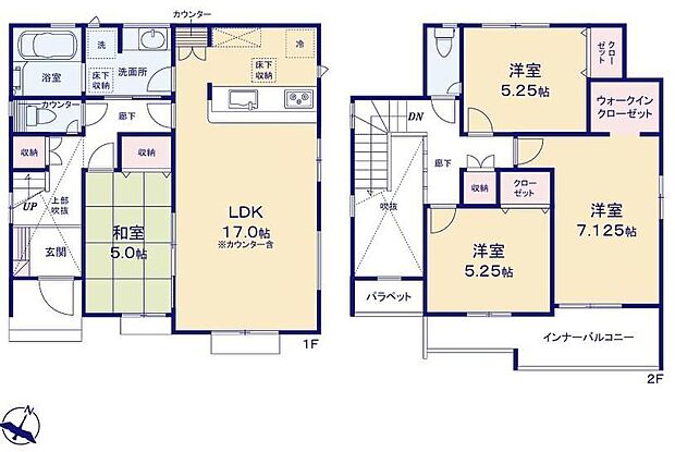 【4LDK】折上天井、上部吹抜け仕様の広々20.75帖の明るいリビング♪ウォークインクローゼット付きで収納豊富♪自分好みにアレンジできるオープンサニタリー☆雨の日にも嬉しいインナーバルコニー♪