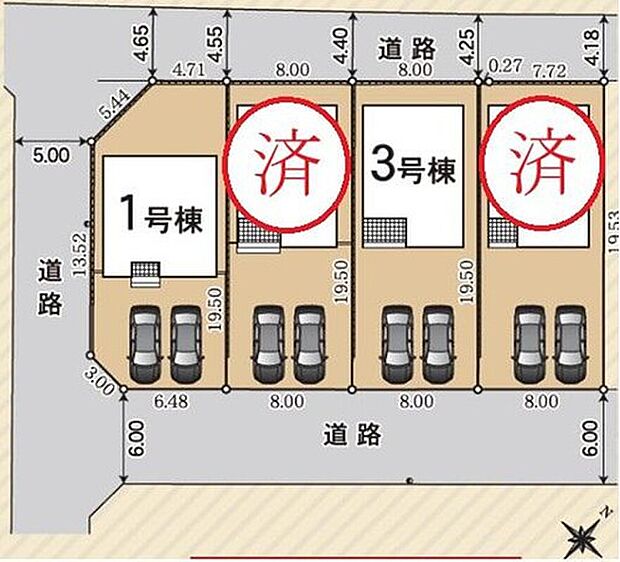 【全体区画図】瀬戸市品野町第７　全４棟
全棟並列２台駐車可能♪
１号棟　２，０９０万円
２号棟　ご成約済み
３号棟　２，０９０万円
４号棟　ご成約済み