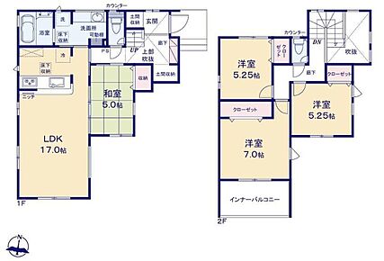 折上天井仕様の広々１７帖の明るいリビング♪リビングに隣接したホッと一息着ける５帖の和室♪玄関や洗面室・各居室に収納スペースが充実♪日当たり良好な南向きのインナーバルコニー♪ 