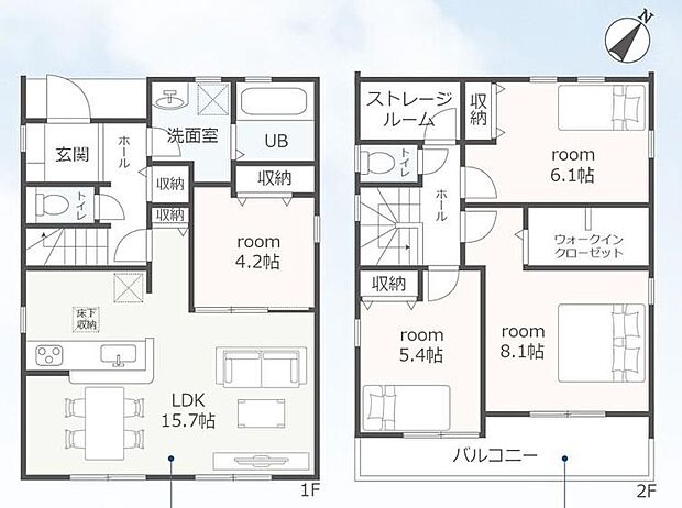 【4LDK+S】対面式キッチン仕様の明るい１５．７帖のリビング♪大きな荷物も収納可能な広々ウォークインクローゼット♪季節物などの収納に便利なストレージルーム付き♪日当たり良好な南東向きのワイドバルコニー♪