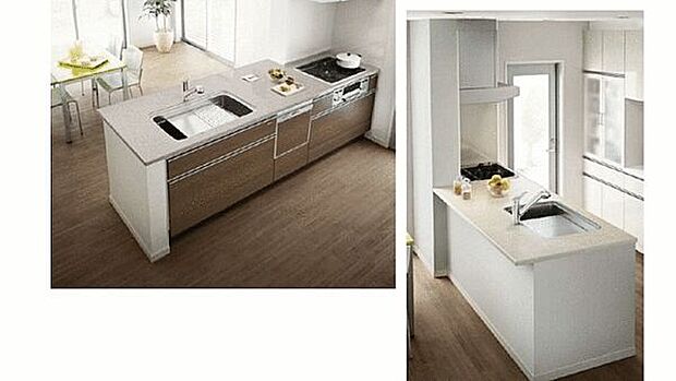 【システムキッチン標準仕様】食器洗い乾燥機と浄水器一体型水栓付システムキッチン。お手入れが簡単な素材を使用した魅力的なワークトップ。収納はオールスライドで奥のスペースまで有効に活用できます。