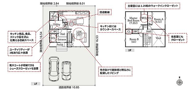 20帖のLDK、6帖の吹き抜け、回遊動線の水まわりが特徴