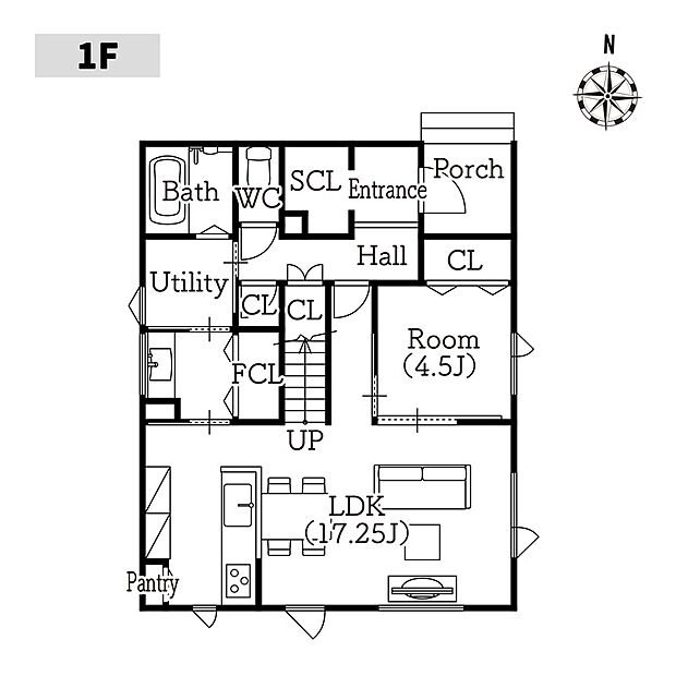 【一階平面図】 4.5帖の洋室が隣接した17.25帖のLDK。靴や季節用品などを収納できるシューズクローゼットを採用