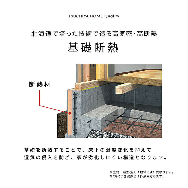 【快適な床下空間】【住まいを長持ちさせる基礎断熱】湿気がたまると劣悪な環境になります。それを解消するために、”基礎断熱＋床下換気”を採用し、安定した床下環境となり建物の耐久性を高めます。