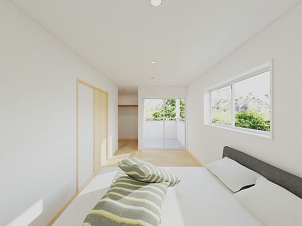 バルコニーへつながる寝室は、ナチュラルでさわやかな空間※完成イメージ画像