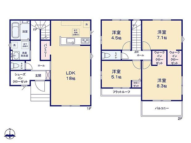 (1号棟)、価格4599万円、
4LDK、　土地面積122.33m2、　建物面積97.7m2