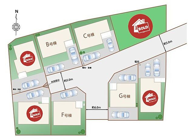 日当たり良好な全8棟♪
住民以外の進入が少なく安心の立地◎
駐車スペースはお住まい・車種により1～2台分！空いたスペースは自転車置き場にもオススメです☆
