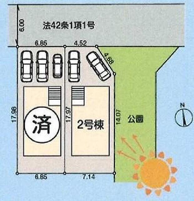 【区画図】
採光・風通しも良好です◎
カースペースは２台分ございますので、家族分の自転車を駐輪したり、来客用の駐車スペースとしてもお使いいただけます。