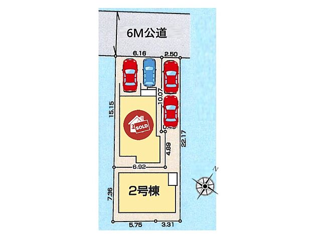 【全体区画図】駐車スペースは2台駐車可能！(車種によります）
前面道路は6ｍと広く、駐車が苦手な方も停めやすいですね♪