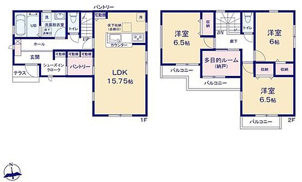 【3LDK+S】まとめ買いしても置き場所の心配いらずのパントリーを採用♪
家族が多いとすぐなくなってしまう水や食材をまとめ買いしても置き場所に困らないのはうれしいですね♪