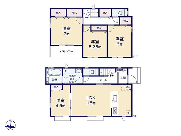 【4LDK】1階居室を開放すると、リビングをより広くお使い頂けます♪
テレワークや、小さなお子様のお世話スペース・遊ぶスペースにもピッタリ！
2階廊下には、日用品の収納場所としても便利なスペースがあります☆