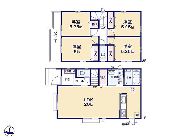【4LDK】人気のリビングイン階段＆会話弾む対面式キッチンの間取り♪自然に家族が集まる空間になりそうですね♪
あると嬉しいリビング収納☆掃除用具や日用品の収納に便利です◎