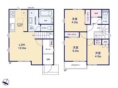 家族のコミュニケーション深まるリビングイン階段の間取り♪
水回り集中設計で家事効率もUP！
あると嬉しい2階廊下の収納スペースは掃除用具や日用品の収納にもオススメです♪♪ 