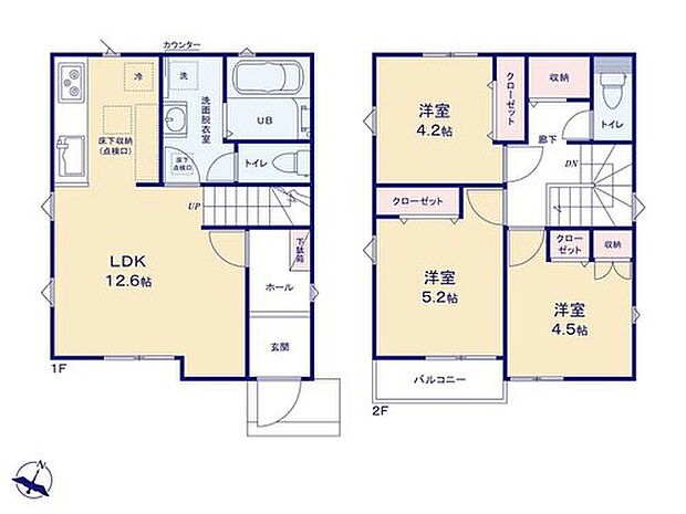 【3LDK】家族のコミュニケーション深まるリビングイン階段の間取り♪
水回り集中設計で家事効率もUP！
あると嬉しい2階廊下の収納スペースは掃除用具や日用品の収納にもオススメです♪♪