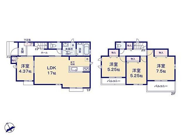 【4LDK】陽光を長く取り入れられる、全居室南西向きのプラン☆
1階洋室は、小さなお子様の遊ぶスペースや、家族の読書スペース、テレワークにもピッタリです！