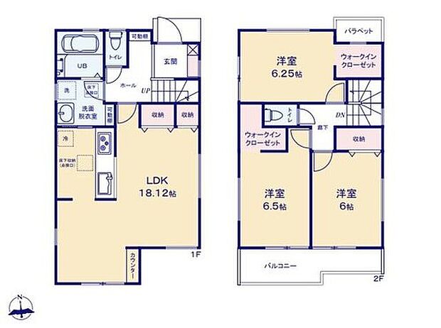 【3LDK】18帖超えの開放感溢れるＬＤＫには、使い分けできるダブルクローゼットを完備♪
2階は全室6帖以上！机やベッドを配置してもゆとりがあり子供部屋も快適♪
2部屋を繋ぐ広々バルコニーでお洗濯がたっぷり干せます♪