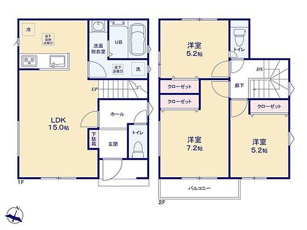 【3LDK】日当たりの良いリビング♪リビングイン階段の間取りで、家族が自然に集まる場所になりそうですね♪全居室に収納完備！家族それぞれのお洋服・思い出の品をスッキリ収納することが出来ます◎