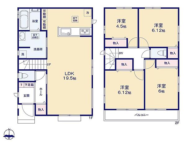 【4LDK】19.5帖の開放的なリビング!キッチン横には食料品のストックにも便利な可動棚付きです◎
リビングイン階段はご家族のコミュニケーションが増える間取り♪全居室収納完備ですっきり片付くお住まいです!