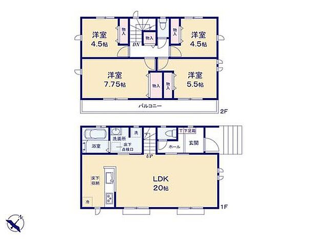 【4LDK】リビングイン階段のあるお住まいは、家族と顔を合わせる機会も増え、会話も弾む、家族に優しい間取りです♪水回り集中設計で家事効率もアップ☆
広いバルコニーは、洗濯物もたっぷり干すことができますね◎