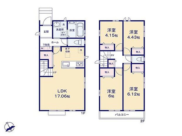 【4LDK】【17.06帖】のLDKに収納をご用意しました。
小物が散らかりがちなリビング収納にするか？ストック食品などを入れる「パントリー」として使うか？迷ってしまいますね☆
全室二面採光も嬉しいですね！
