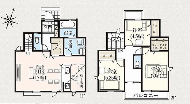 【3LDK】家族との時間がもっと楽しくなる「リビングイン階段」＆「対面式キッチン」採用のお住まい♪
キッチンには嬉しい「パントリー」設置☆
水廻り集中設計で家事効率もUP！
