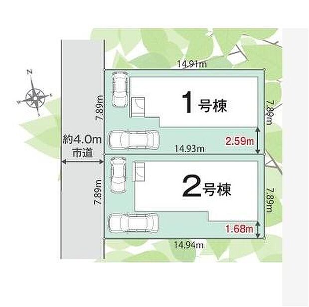 【全体区画図】閑静な住宅街の全2棟♪スーパー、小・中学校が徒歩10分圏内で利便性の高いお住まいです◎お車は2台駐車可能(※車種による)。