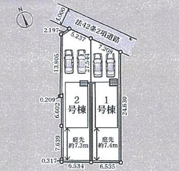 【全体区画図】カースペースは2台分完備！
セカンドカーをお持ちの方や、来客時にも便利ですね☆
広いお庭では、家庭菜園やお子様のプールも楽しめそうですね♪