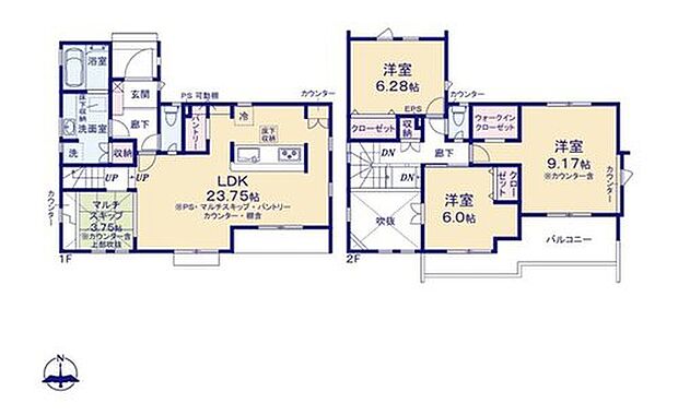 【3LDK】◇広々23帖超のLDKには、マルチに活躍する小上がり空間のマルチスキップ付き♪
◇お水や調味料のまとめ買いしても置き場所に困らないパントリー♪
◇コートなどもスッキリ片付くウォークインクローゼット付き♪