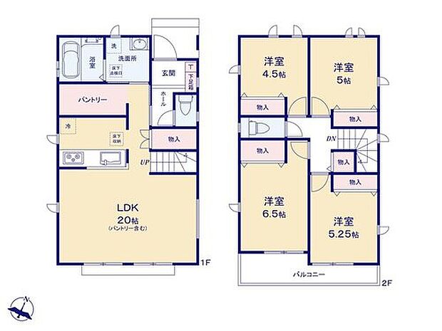 【4LDK】キッチン背面にはひろびろパントリー付き♪自由に棚を置いて、調理家電もスッキリ収納出来ます♪リビング収納は、季節物の家電や雑貨、掃除用具をしまう場所としてもオススメです◎