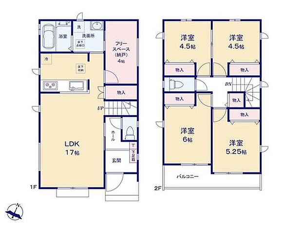 【4LDK】家族の会話弾む「リビングイン階段」の間取り♪
書斎や、物置部屋としてもお使い頂ける4帖の「納戸」がございます◎
2階廊下・各居室にも収納スペース付きなので、お住まいのキレイが続きますね♪