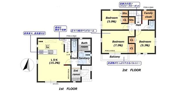 【3LDK】広い庭先に向かって設置された「対面式キッチン」はLDK全体に解放感をもたらします☆2階には「ファミリークローク」をご用意♪収納豊富なお住まいでスッキリ快適にお過ごしいただけます☆