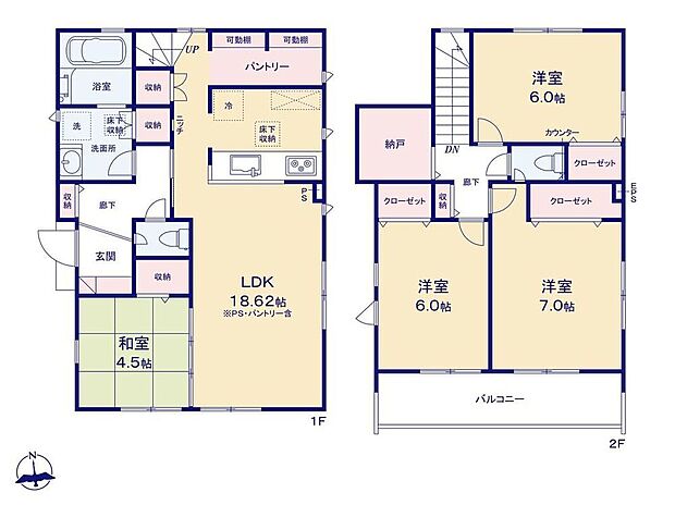 【4LDK+S】可動棚付きのパントリーは、食料品はもちろん、調理家電もスッキリ収納出来る大容量◎納戸スペースはWICのように、家族のお洋服をまとめて収納するスペースとしてもお使い頂けます♪