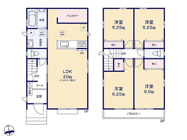 【4LDK】LDKはひろびろ20帖！大容量のパントリーには、食料品の他に、調理家電もスッキリ収納出来ますね◎各居室収納完備で、お部屋を広くお使い頂けます♪♪
