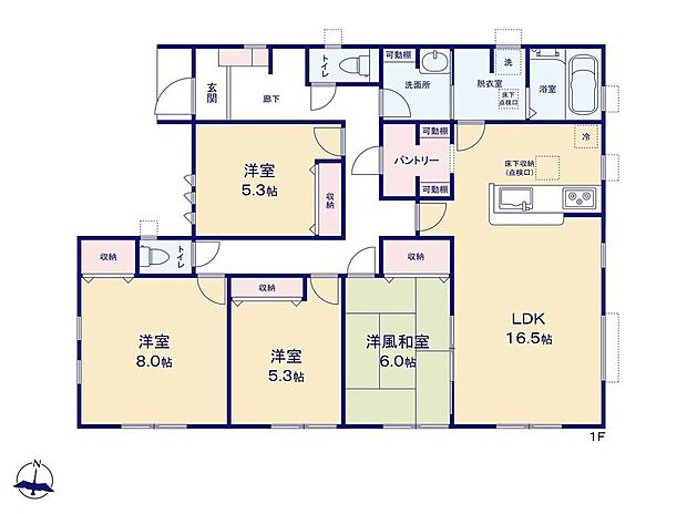【4LDK】脱衣室が別にあり、ランドリースペースとしてもお使い頂けます♪洗面室からリビングへと続く間取りなので、手洗いもすぐに出来て衛生的◎食料品の他、日用品の収納にも便利な、大容量のパントリーもございます！