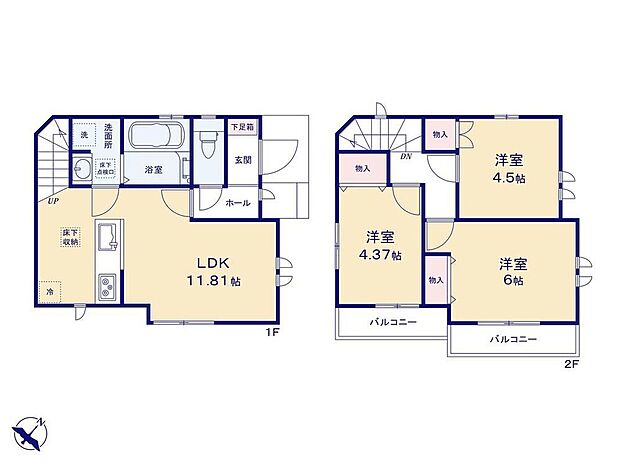 【3LDK】家族のコミュニケーション深まるリビングイン階段の間取り♪三面採光のLDKは、採光・通風良好です◎全居室収納完備でお部屋を広くお使い頂けます☆