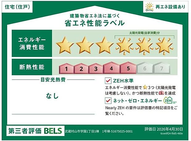 【【省エネ性能ラベル】】こちらの物件はZEH水準を満たした、省エネ性能に優れた物件です。　光熱費を抑えて暮らすことができるだけでなく、「熱の入りにくさ・逃げにくさ」という観点でも影響を受けにくい建物のため、長く快適にお過ごしいただけます♪　※本ラベルは特定の住戸の性能を示すものであり、全ての住戸の性能を示すものではありません。